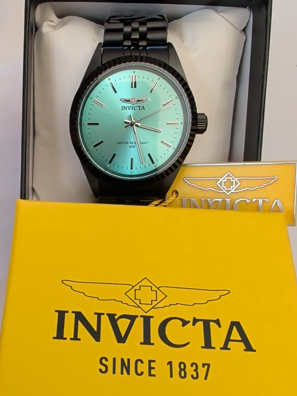 NWT Men's Invicta Specialty Serrate Black Stainless Steel Watch - Teal Dial 40mm